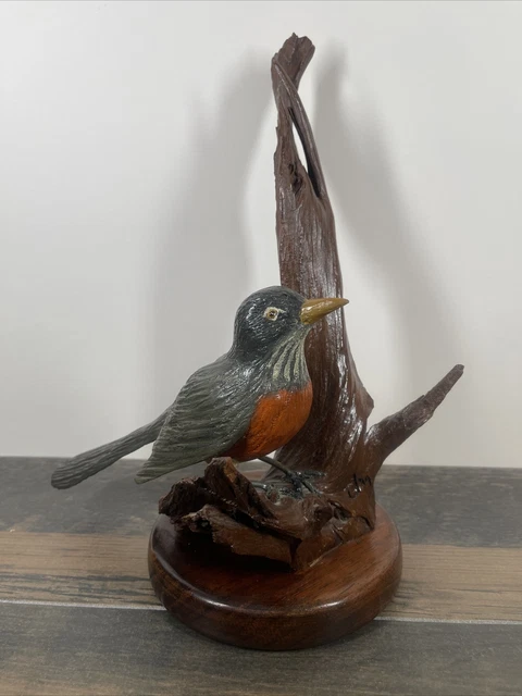 Vintage Hand Carved Painted Wood Robin Red Breast  On Driftwood Signed Nice