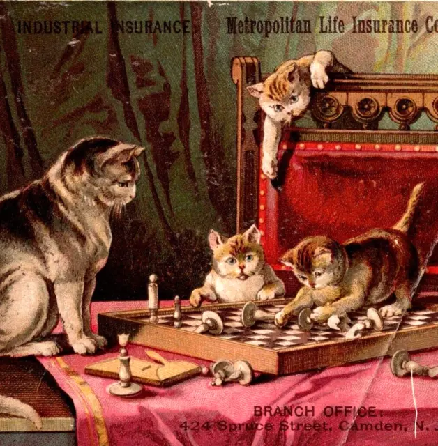 1880s Metropolitan Life Insurance Co. New York Trade Card Cats on Chess Board