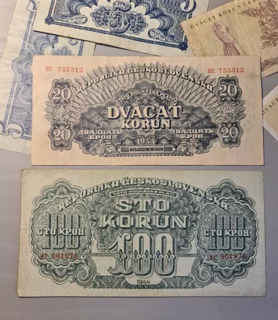 Czechoslovakia 100 Korun 1944, 20 1944, 2x 5 1944, 2x 20 1949 lot mix banknotes