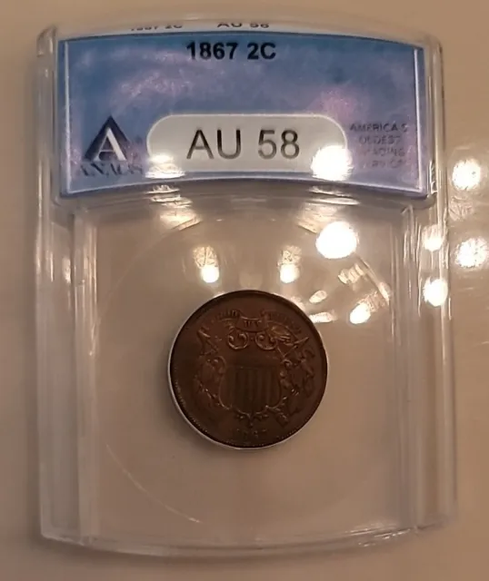 1867 2c Two Cent Piece ANACS AU 58 BN AU58 BROWN OLD BLUE HOLDER 2 CENT PQ!