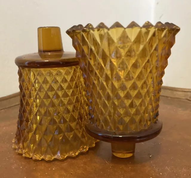 Vintage Amber Hobnail Diamond Glass Votive Candle Holder With Peg Btm Set Of 2