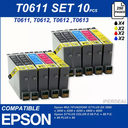 10 Cartucce Per Epson Stylus T0615 D68 D88 Dx3800 Dx3850 Dx4200 Dx4250 Dx4800