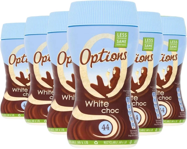 OPTIONS WHITE CHOC Hot Chocolate Drink Mix 6 X 220g Low Calorie Gluten OPTIONS WHITE CHOC Hot Chocolate Drink Mix 6 X 220g Low Calorie Gluten