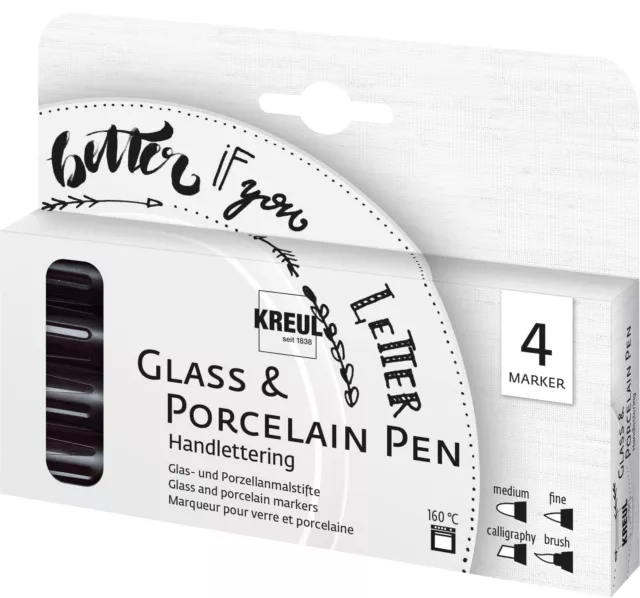 Kreul Glass & Porcelain Pen Handlettering Set  4 Stück Tassen Teller  Vasen