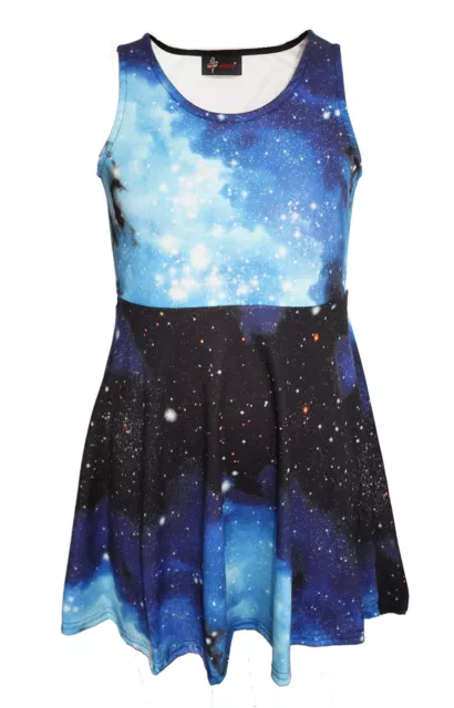 Enfants / Filles Mignon Bleu Galaxy Espace Univers Imprimé Robe Patineuse 5 -12