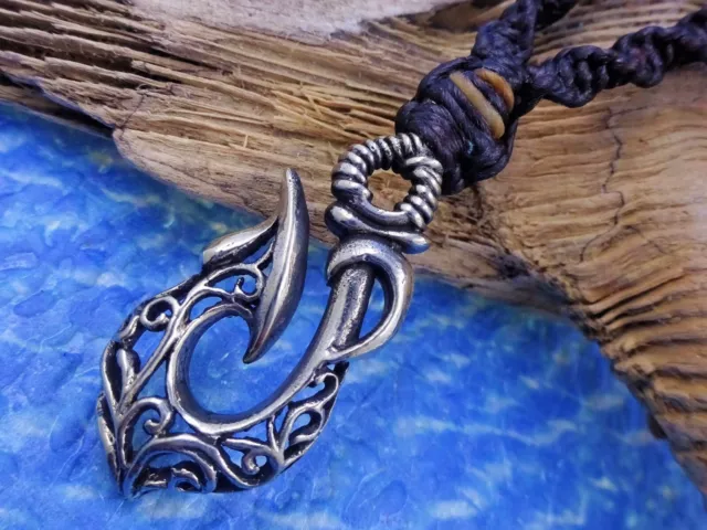 Barbed Fish Hook Pendant Macrame Necklace Hei Matau Hand 1.25" Tall