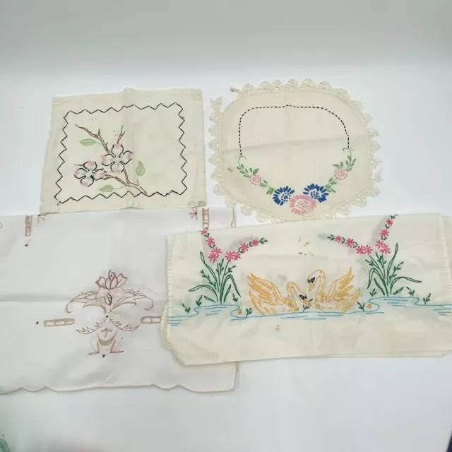 Lot Of 4 Vintage Hand Embroidered Linens / Table Runner AS IS