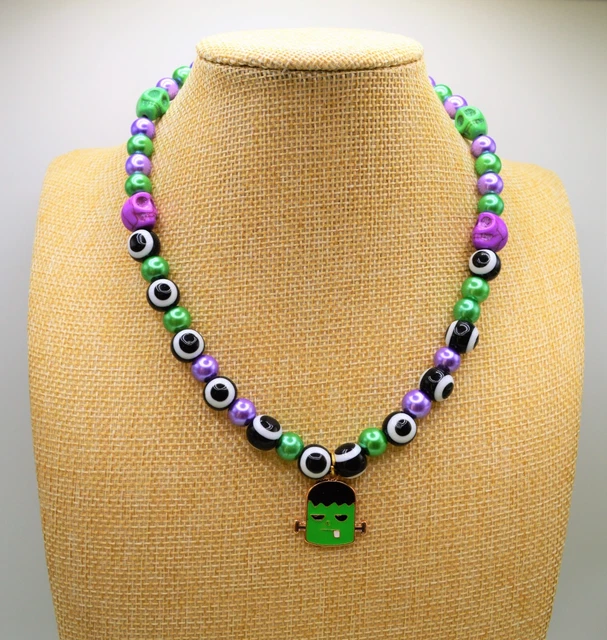 Halloween Purple Green Black Necklace,Frankenstein Charm Necklace