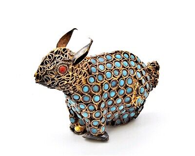 Vintage Nepalese Rabbit Figurine. Hand Set Faux Turquoise & Coral Beads