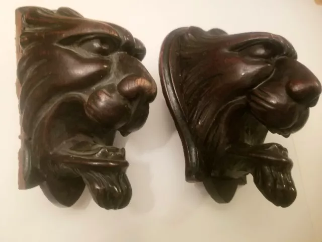 Antique WOODEN HAND CARVED  LION’S  Head PAIR 2pcs