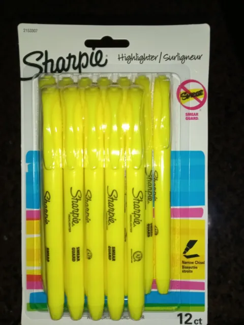 Sharpie Highlighter 12ct Narrow Chisel Smear Guard New