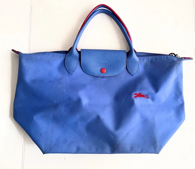 Longchamp Le Pliage Nylon & Leather Blue 18” Tote Bag Purse Distressed Foldable