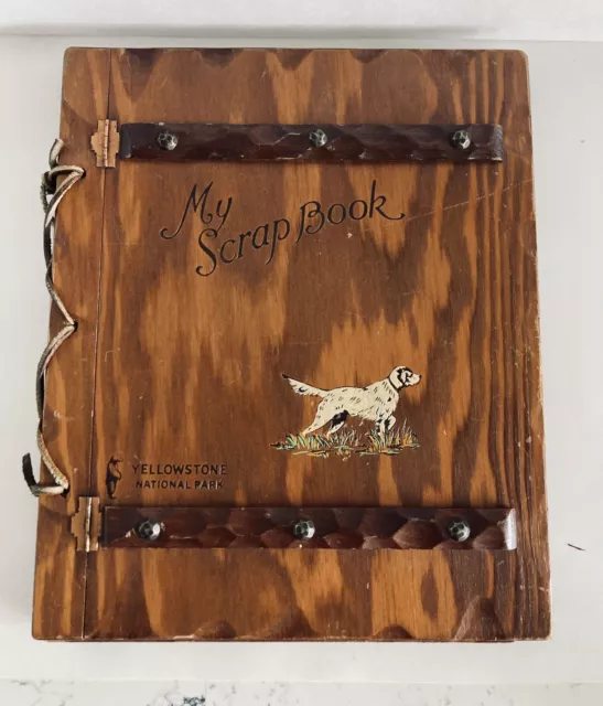 Vintage Wood My Scrap Book /Album Carved Wood Painted Dog 1950s Yellowstone