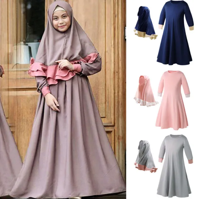 Kids Girls Muslim Hijab Arab Prayer Dress Set Abaya Jilbab Long Maxi Robe Kaftan