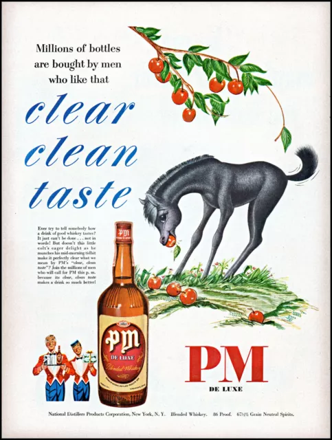 1950 PM De Luxe Blended Whiskey newborn colt apple tree retro art print ad L27