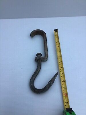 Vintage Antique Heavy Iron Butchers Meat Hook With Bracket