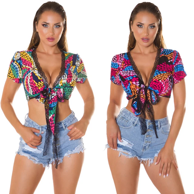 Top Donna Scollo a V T-Shirt Pizzo Corto da Estate Elegante da Sera Sottogiacca
