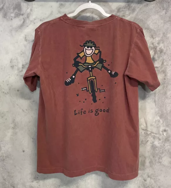 Life is Good Bike Riding T-Shirt Red Cotton Youth XL C4