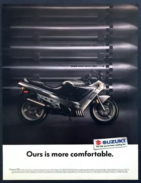 1990 Suzuki Katana 750 Motorcycle photo "More Comfortable" vintage print ad