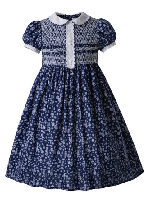 Pettigirl Girls Smocked Dress Back To School Dress Navy Blue White Print Size 5