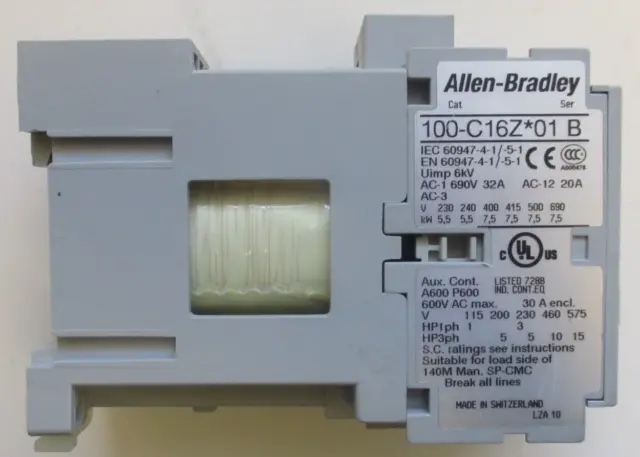 Allen-Bradley Non-Reversing Contactor 100-C16Z*01 600Vac 30A Open Style