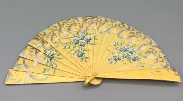 Antique Celluloid Hand Painted Hand Fan Blue Flowers