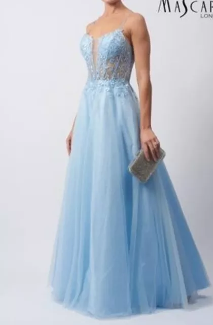 Mascara Mc119511 size 16 baby blue Emb strap back Evening dress lace up BNWT