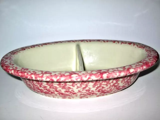 Vintage Gerald E.Henn Pottery Red Cranberry Sponge Ware Divided Serving Bowl 12