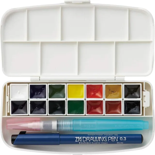 Kuretake ACUARELA TRANSPARENTE Set de 14 colores con rotulador fineliner y agua
