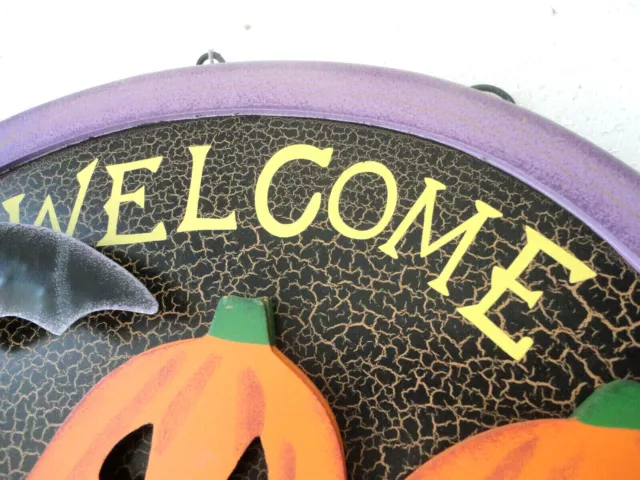 Halloween  Plaque Hanging bat pumpkins  wooden welcome sign  *small flaw UNUSED 3