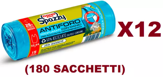 180 SACCHI SPAZZATURA DOMOPAK SPAZZY ANTIFORO 52x54CM BREZZA ALPINA +MANICI 28L