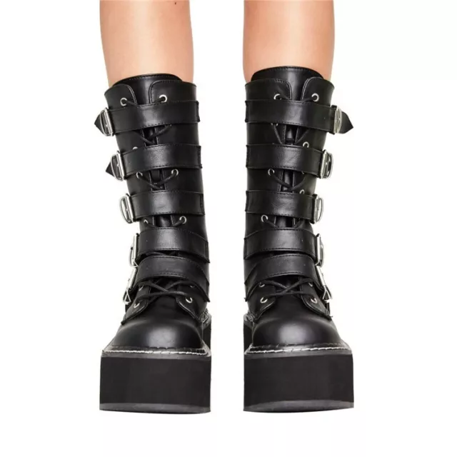 Womens Gothic Round Toe Buckle Strap Med Platform Heel Punk Mid Calf Boots Shoes