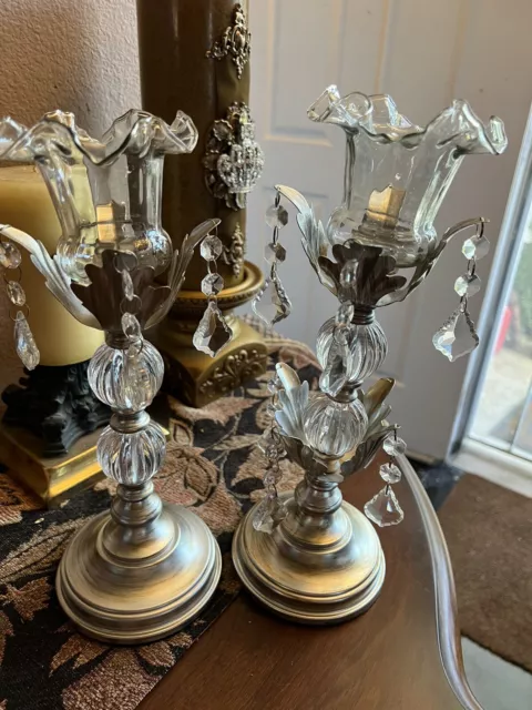 Antique Shabby Chic Hand Hammered SilverCast Iron Candlesticks with Glass Prisms