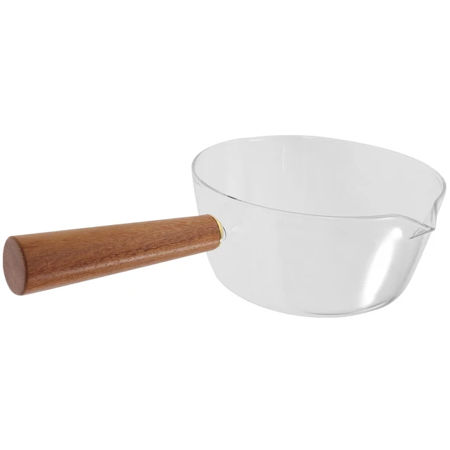 Vaso per latte in vetro con manico in legno e beccucci per cibo e tè