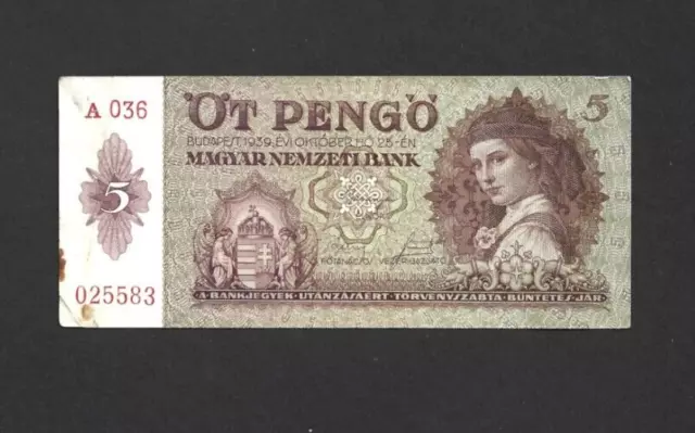 5 Pengo Very Fine  Banknote From Hungary/ Reclaimed Territories 1939  Pick-106