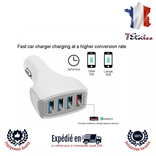 Chargeur de Voiture USB 4 Ports QC 3.0 Charge Rapide 3A + Cable Nylon / PVC