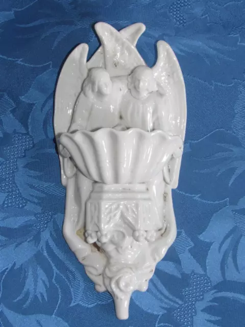 04J34 ANCIEN GRAND BÉNITIER DOUBLE ANGE GARDIEN EN PORCELAINE PARIS 1880 XIXe