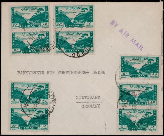 Libanon; 5 Pia. Flp. 1947 (9) Massen-MEF Auslandsbrief 1952, Stuttgart