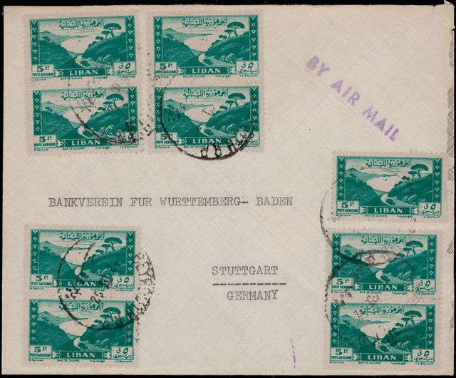 Libanon; 5 Pia. Flp. 1947 (9) Massen-MEF Auslandsbrief 1952, Stuttgart