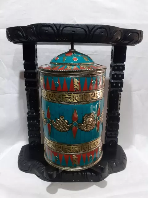 Tibetan Om Mani Padme Hum Mantra Resin Stone Copper Brass Handmade Prayer Wheel