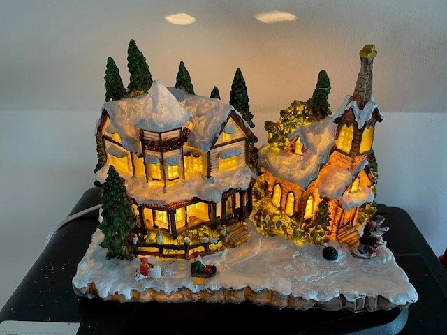 Light up Christmas village scene church, house/ hotel - used