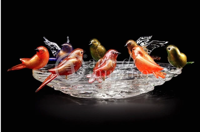 Cristal de Murano Original Venezia adorno Escultura 8 Pájaros En Nido nuevo