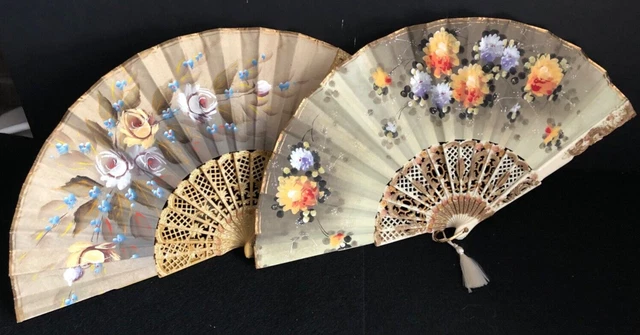 Set of 2 - Vintage Abanicos Giner Hand Painted Floral Design Foldable Fan Spain