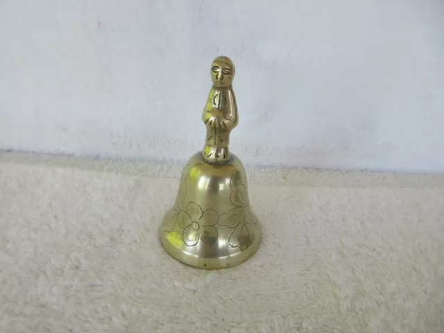 Vintage Solid Brass Oriental Chinese Man Design Handle Bell+ Etched Flowers !!