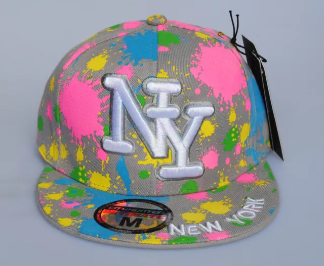 New York NY City Hunter Grey Paint Splash Hat Fitted Flat Peak Baseball Cap