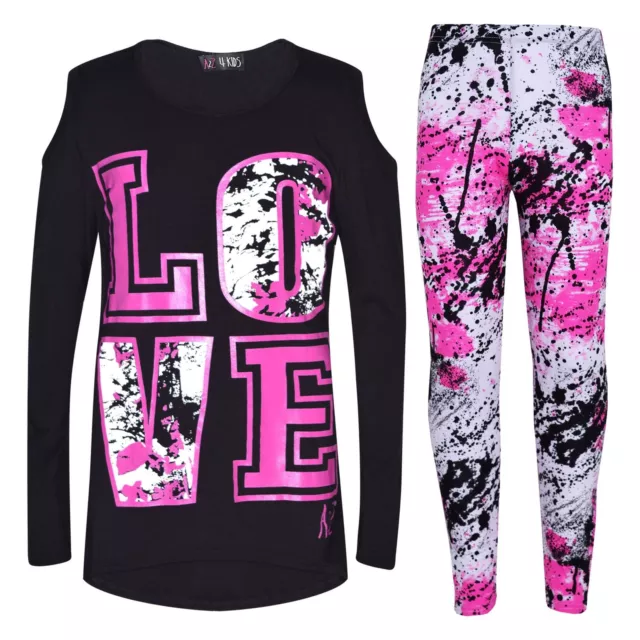 Kids Love Print Splash Long Sleeve Black T-Shirt Top Leggings Set Girls Age 5-13