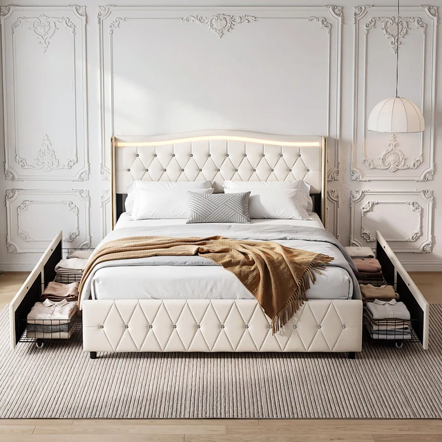 4FT6 DOUBLE LED Chesterfield Bed Frame W/ Wingback Headboard & Charging ...