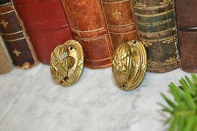 Vintage Pair French Style Brass Oval Small Door Cabinet Knobs Backplate Spindle