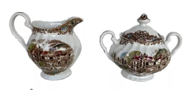 Vintage Johnson Bros Porcelain Transferware Sugar w/Lid & Creamer - England