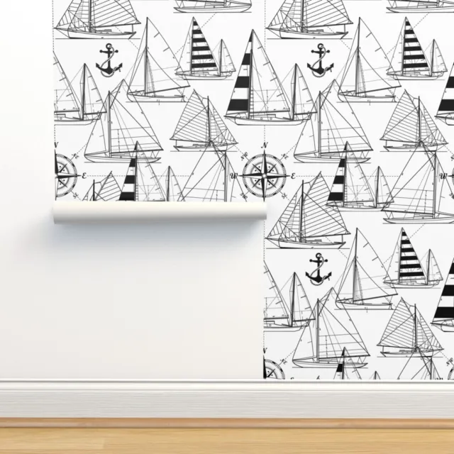 Removable Water-Activated Wallpaper Black And White Monochrome Blueprint